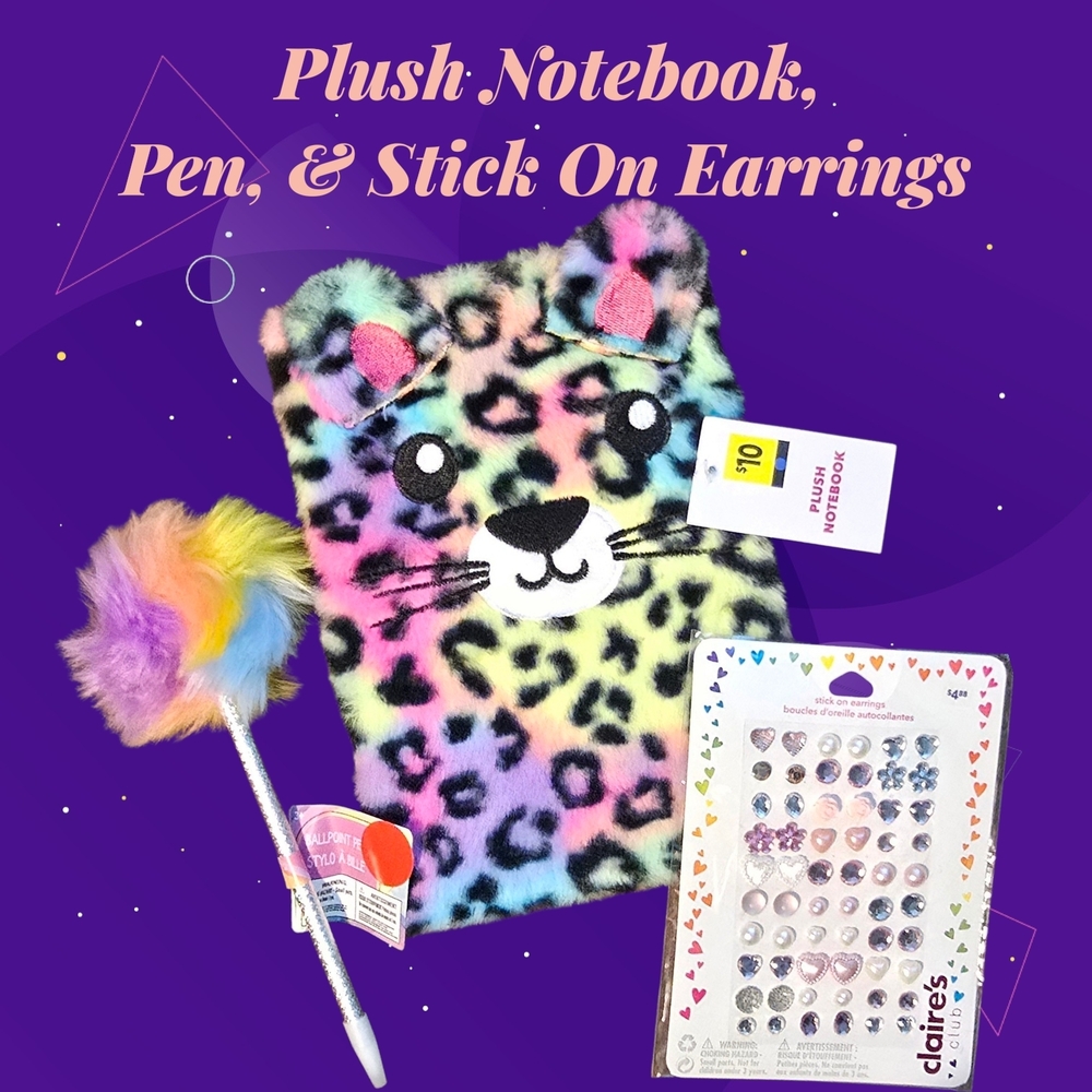 Claire's Stick On Earrings & Multicolor Plush Notebook Set - Girls Gift Bundle